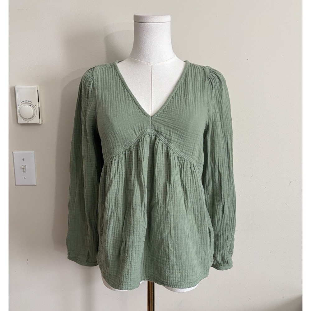 Madewell XS Cotton Gauze Top Sage Green Peasant Boho Fairy Hippie Flowy V Neck